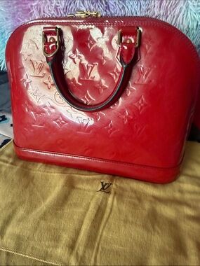 Louis Vuitton Red Patent Alma Pm Satchel with Gold Hardware